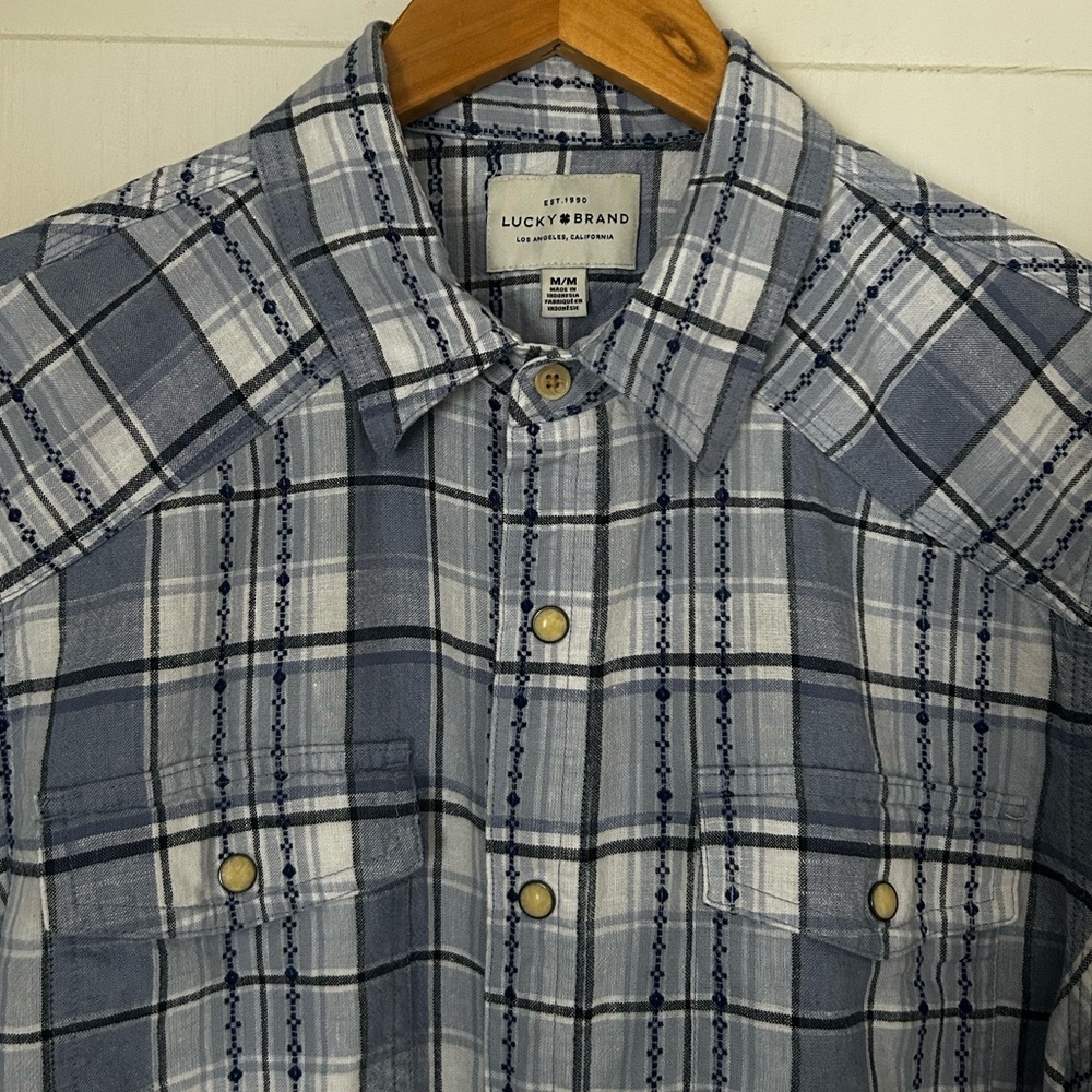 Lucky Brand Mens Size M Short Sleeve Pearl Snap Button Down Plaid Shirt